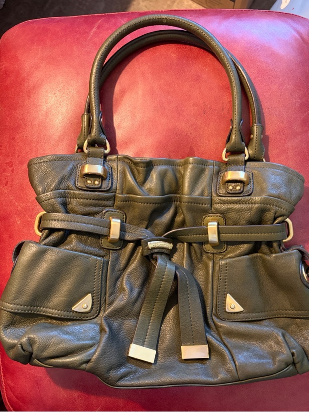 B Makowsky Olive Green Leather Drawstring Shoulder Bag